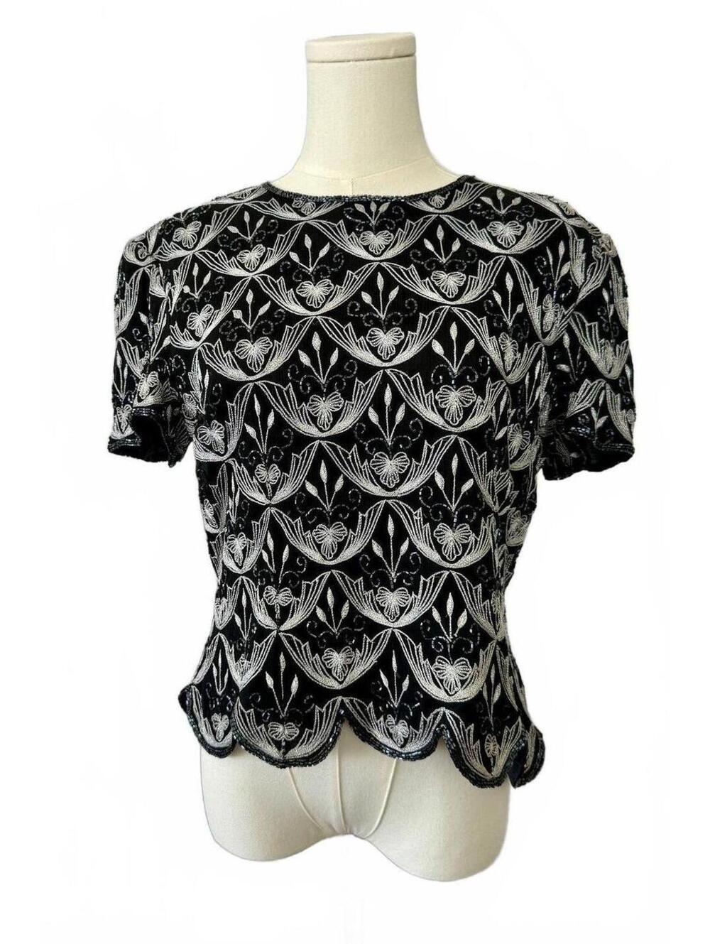 Papell Boutique Evening Black White Beaded Embroidered Silk Scallop Hem Top L